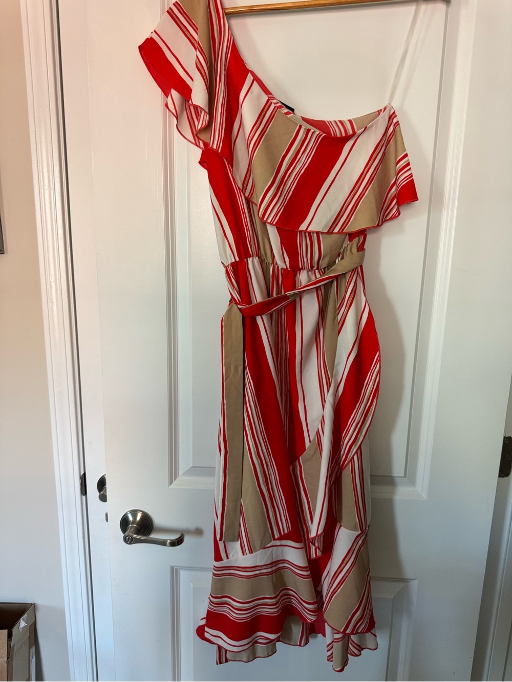 Vici Red & Cream Striped One-Shoulder Dress Medium Ruffle Layers